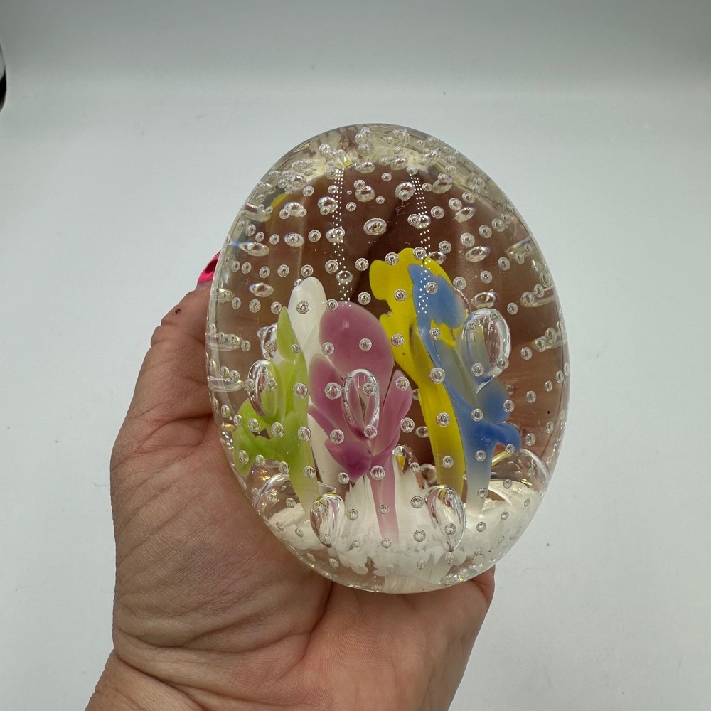 Joe Rice Art Glass Paperweight Egg Multi Color‎ Floral Controlled Bubble signed - Picture 10 of 10